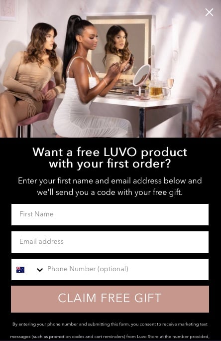 Luvo free gift popup form example with the headline Want a free LUVO product with your first order