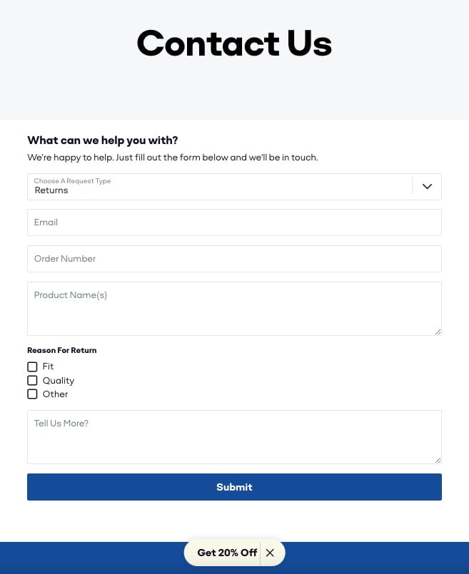 Bombas contact form example with the headline Contact us and a 20 percent off offer at the bottom