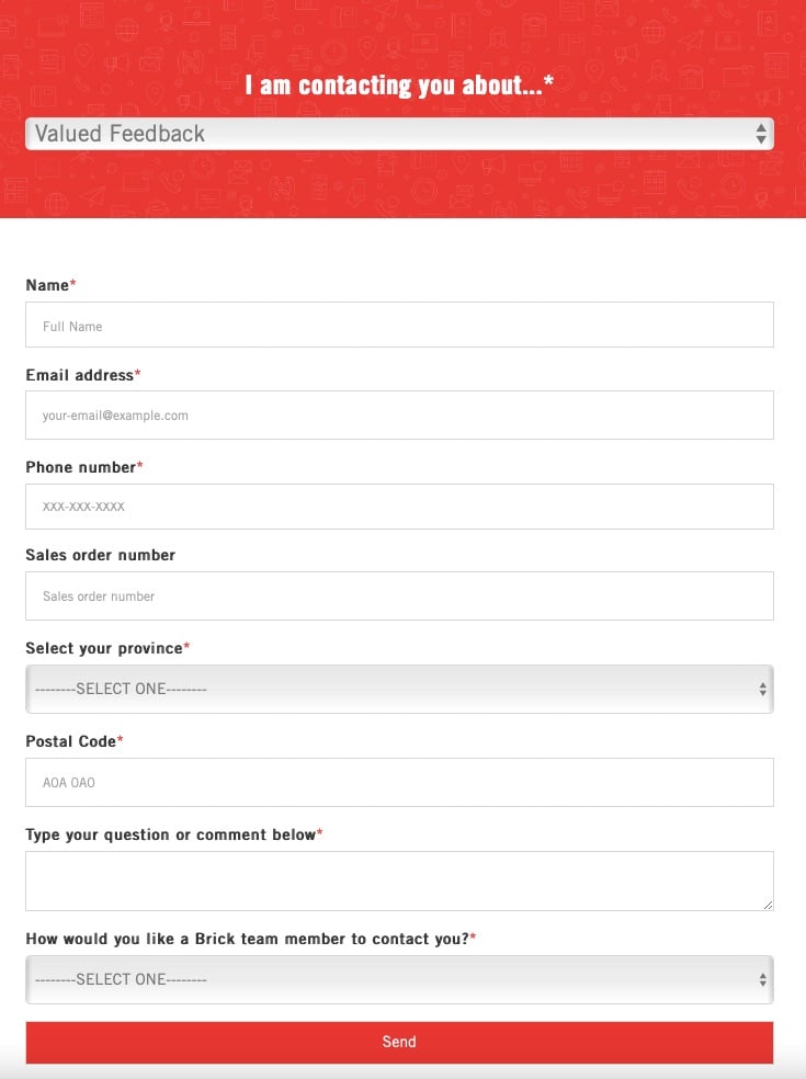The Brick feedback form example starting with the sentence I am contacting you about and listing options