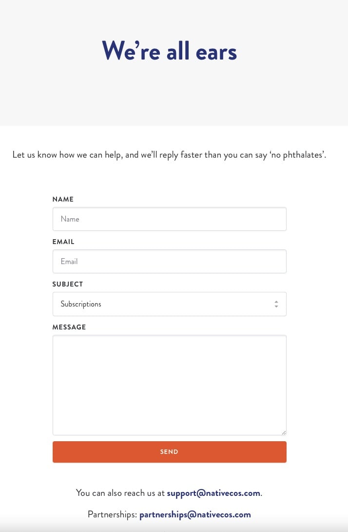 Nativecos feedback form example with the headline We're all ears and witty product-related copy