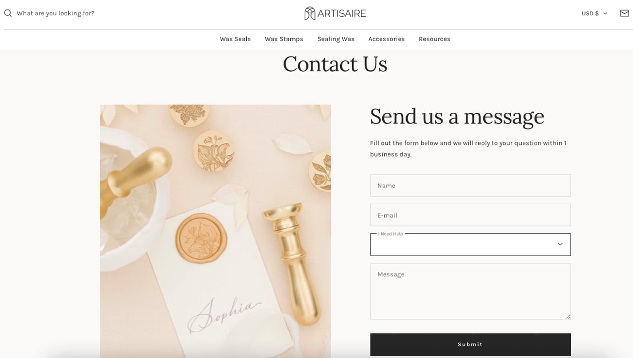 Artisaire contact form example with the headline Send us a message and a product image on the left