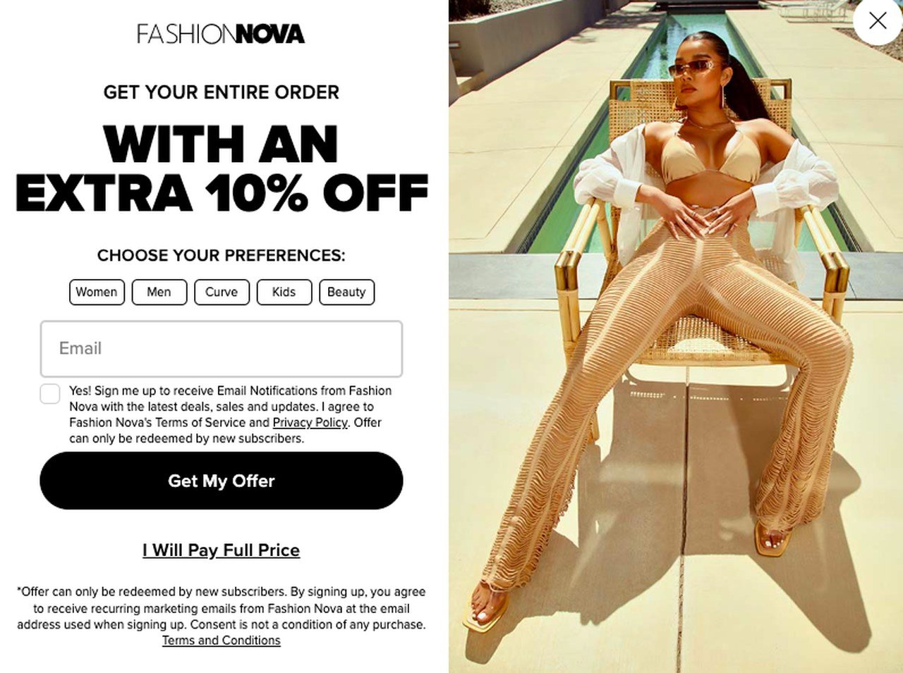 Fashion Nova popup form example with the headline Get your entire order with an extra 10 percent off