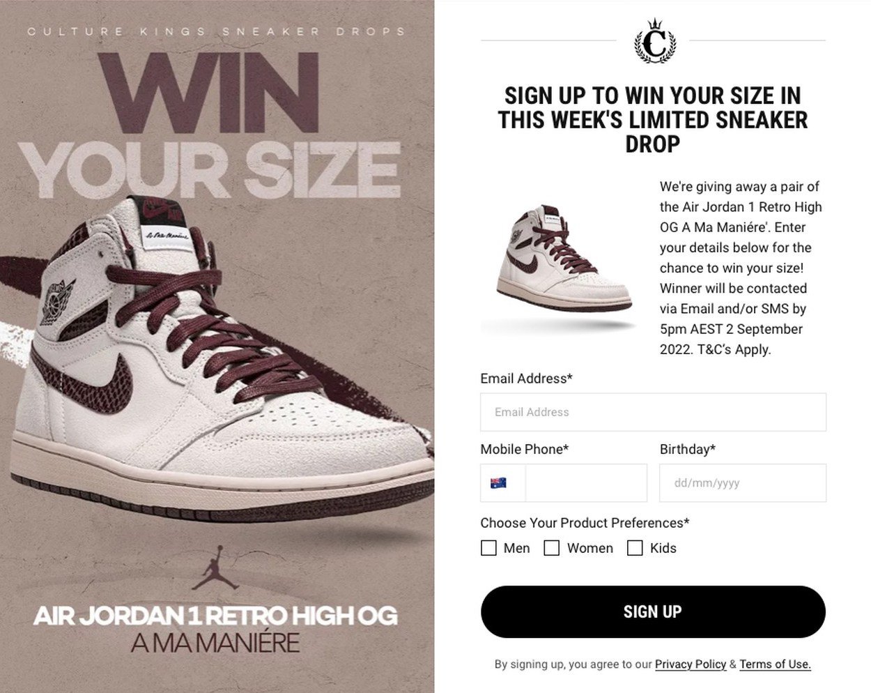 Culture Kings giveaway popup form example with the headline Win your size and a product shoe image