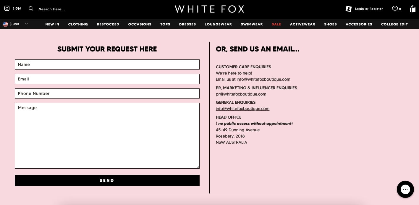 White Fox contact form example with the headline Submit your request here