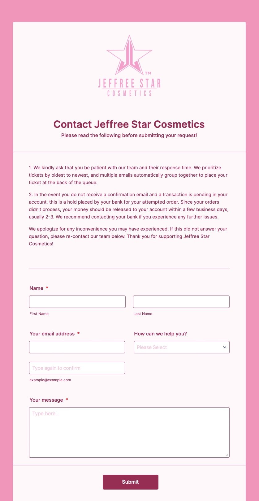 Jeffree Star Cosmetics contact form example with detailed response time information