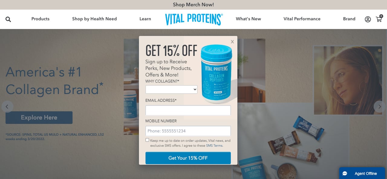 Vital Proteins popup form example with the headline Get 15 percent off and a product image