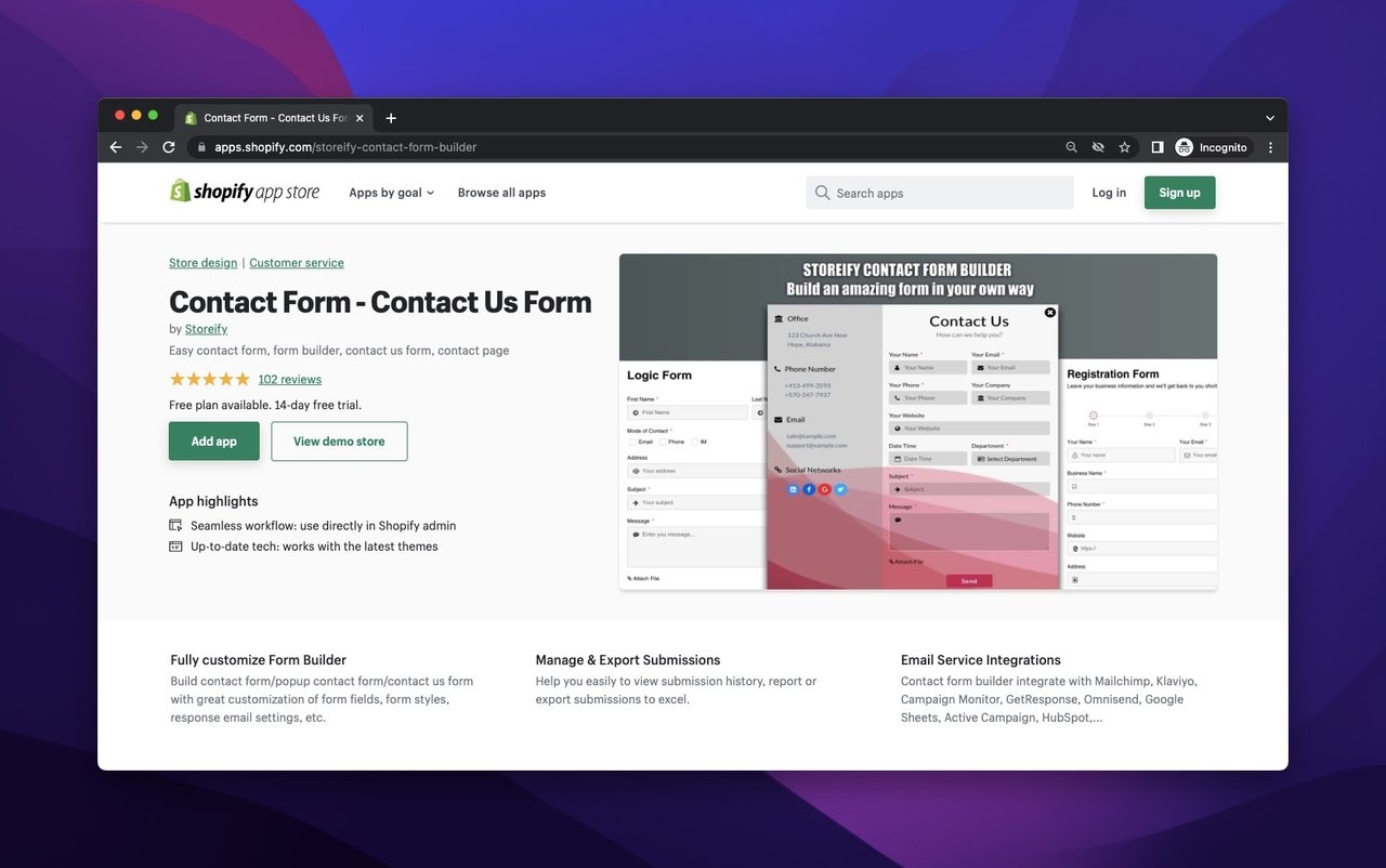 Storeify form builder in the Shopify app store