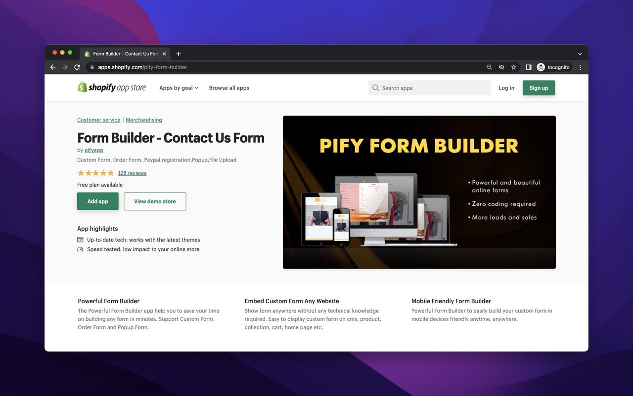 Shopify uygulama mağazasında pifyapp form oluşturucu