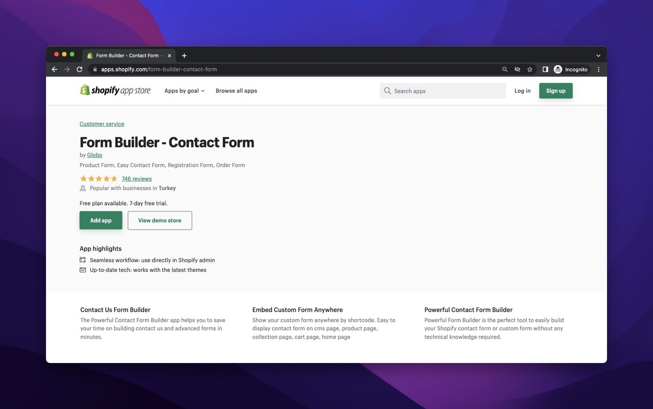 Globo Form Builder in the Shopify App Store