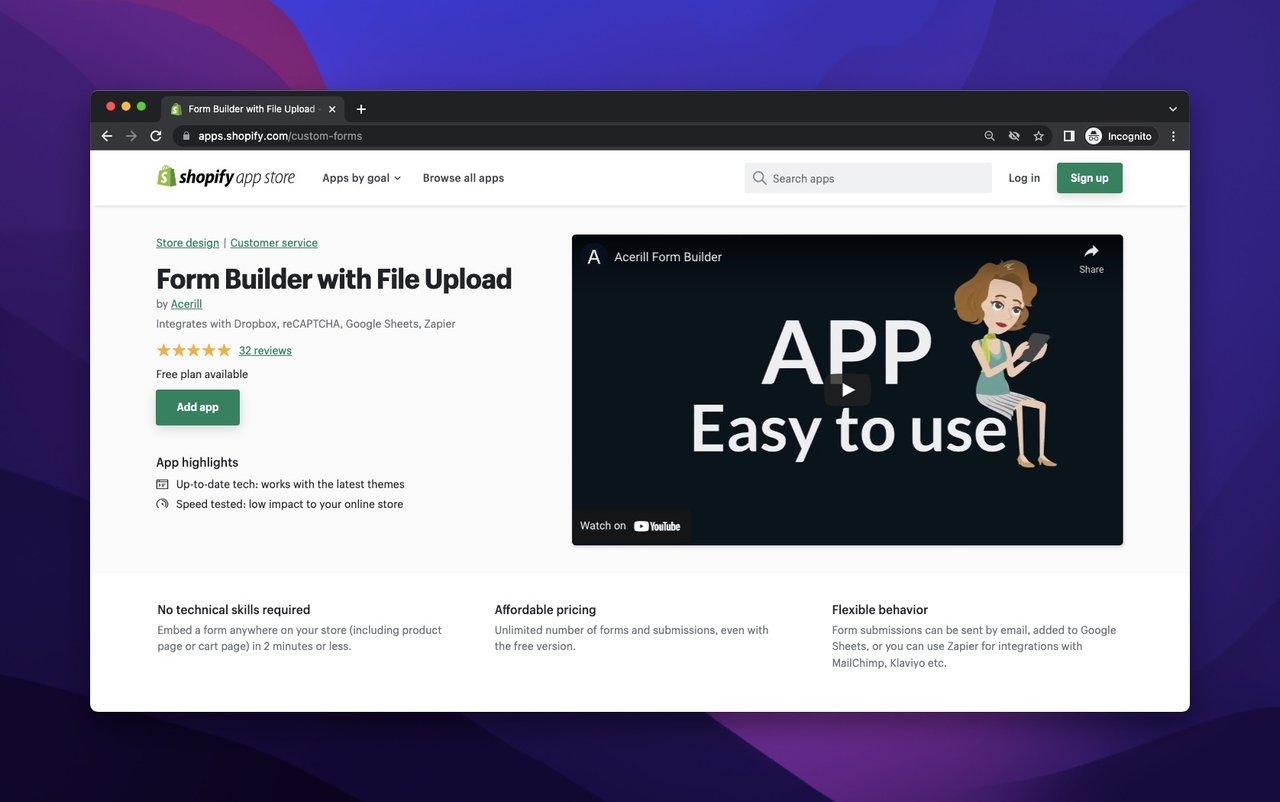 Acerill Form Builder in the Shopify App Store