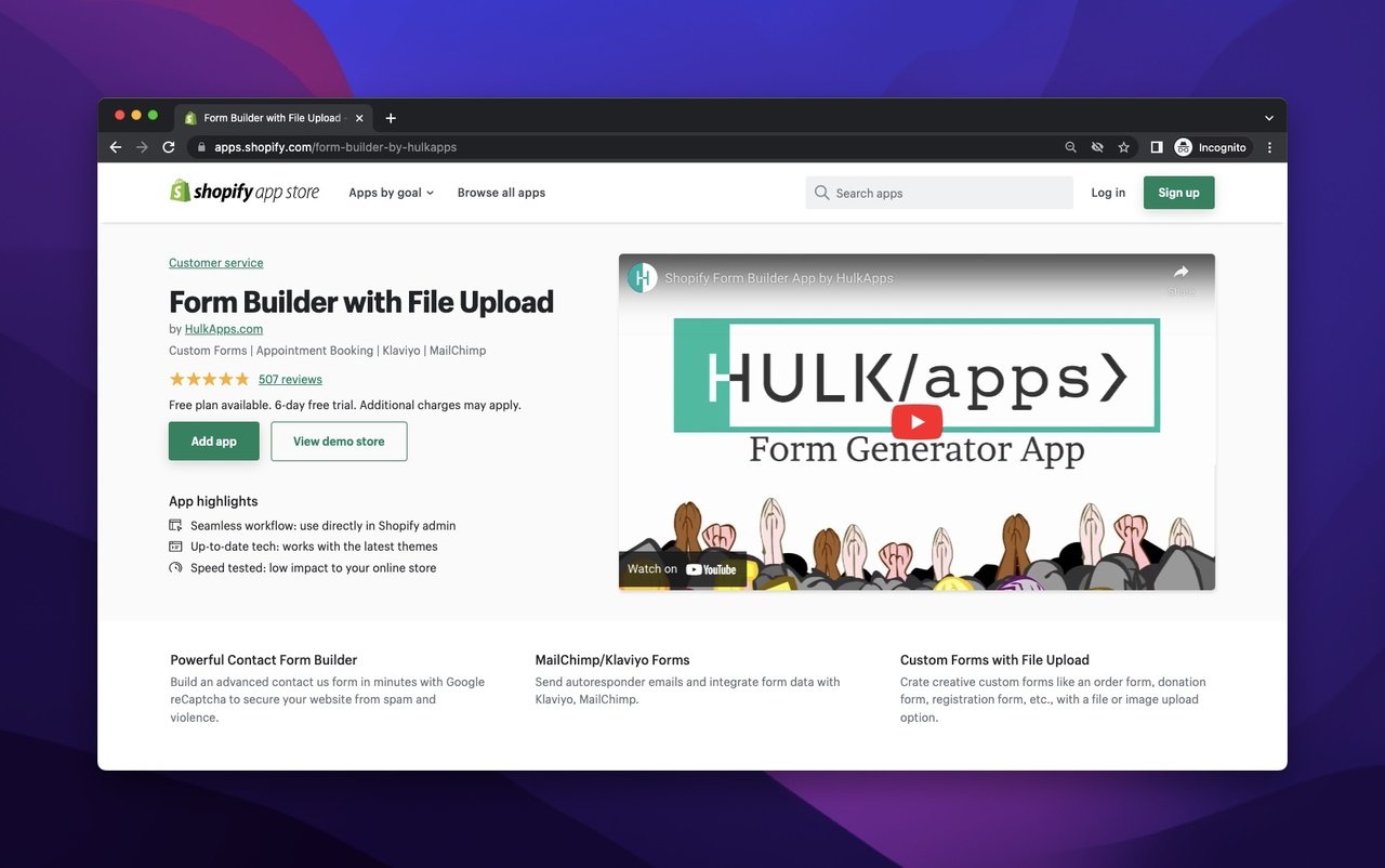 HulkApps form builder in the Shopify app store