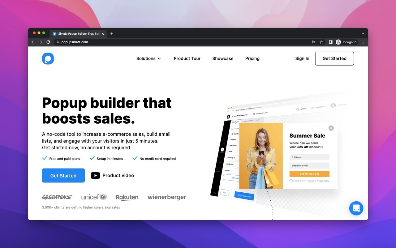 Popupsmart web page provided as an example of a form builder application