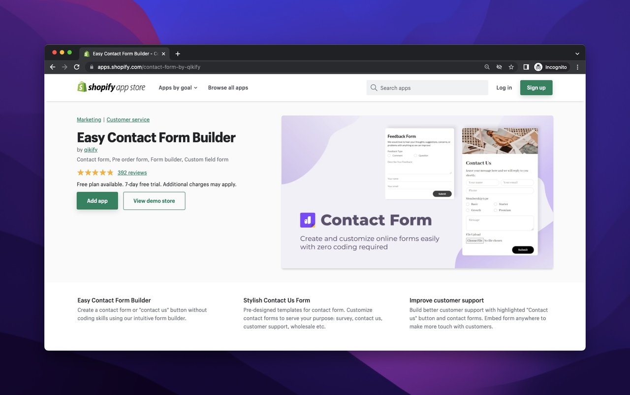 Qikify form builder in the Shopify app store