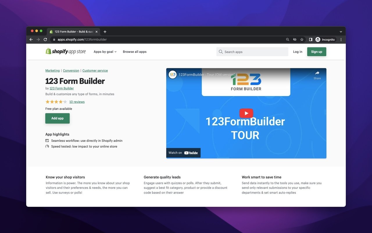 123 Form Builder, in the Shopify App Store