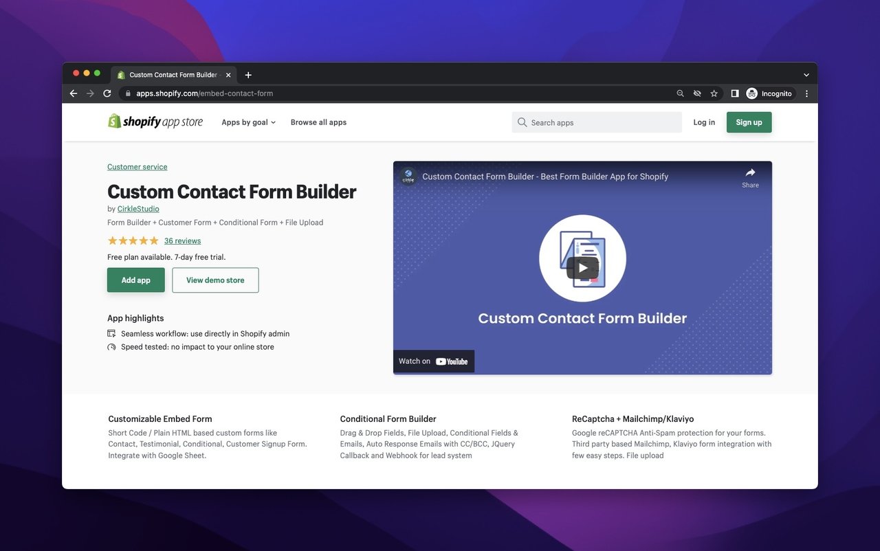Circle Studio Form Builder in the Shopify App Store