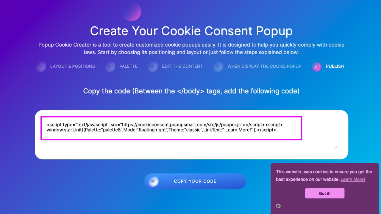 popupsmart çerez popup oluşturucu