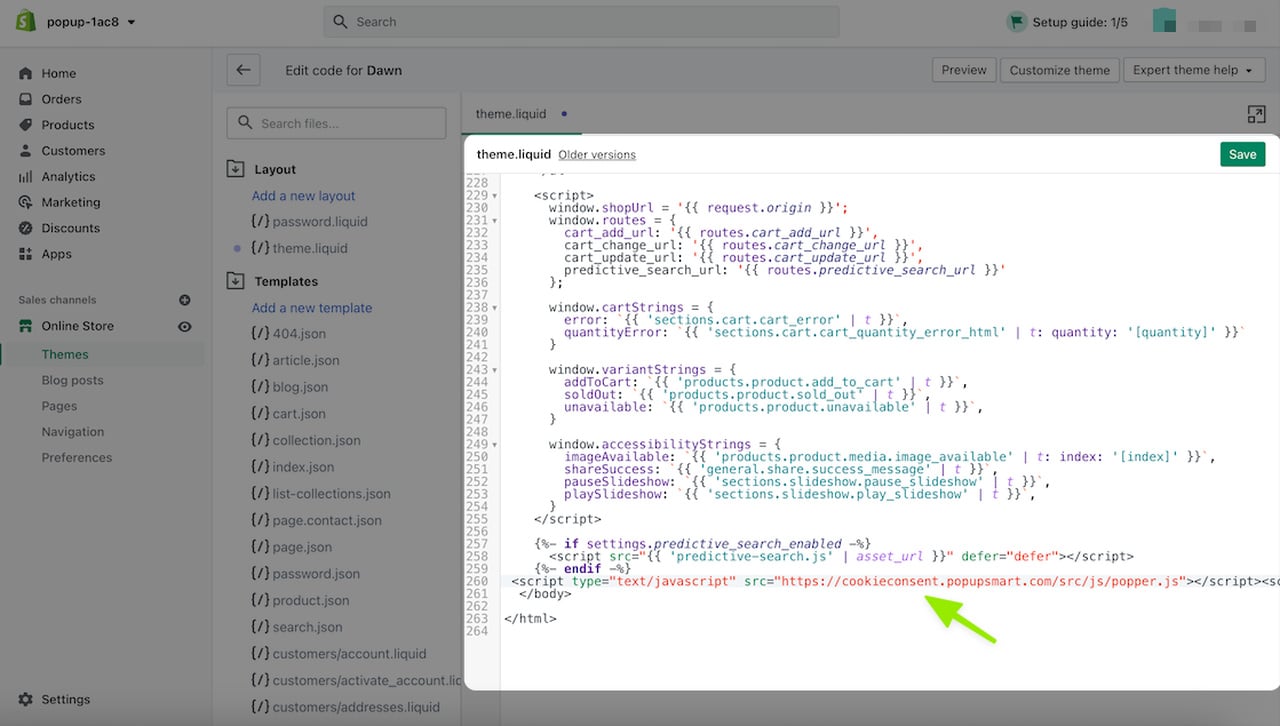 shopify'a çerez onayı kodu ekleme adımı 2