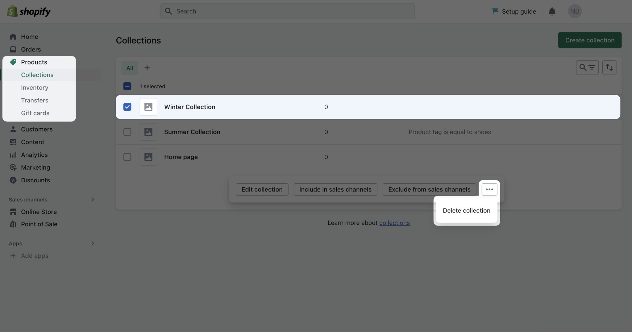 Shopify yönetim sayfasında ürünler panelinin sol tarafında, kış koleksiyonu ve koleksiyonu silme bölümleri vurgulanmış olarak Shopify koleksiyonu silme adımları