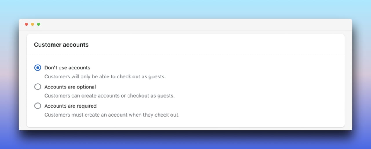 Shopify yönetici panelinin misafir olarak ödeme seçeneğini gösteren ekran görüntüsü, üç seçenek sunuyor: hesap olmadan, isteğe bağlı hesap ve zorunlu hesap