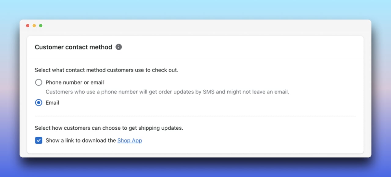 telefon numarası veya e-posta ve e-posta seçenekleriyle shopify müşteri iletişim yöntemi paneli