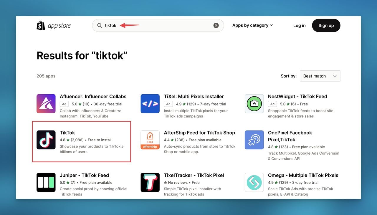 Shopify uygulama mağazasında TikTok ile ilgili uygulamaların arama sonuçları