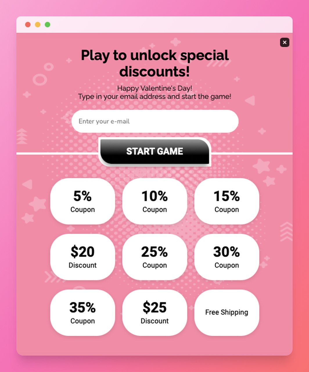 Sevgililer Günü ile ilgili açıklama ve indirim kuponları kazanmak için bir oyun içeren oyunlaştırma pop-up örneği