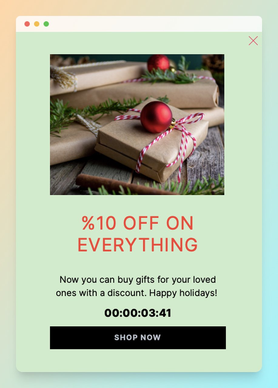 Başlıkta 'HER ŞEYDE %10 İNDİRİM' yazısı olan ve Noel temalı hediye paketleme ve geri sayım sayacını içeren bir Noel popup örneği