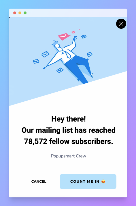 mailing listesie ile ilgili bir sosyal kanıt pop-up örneği