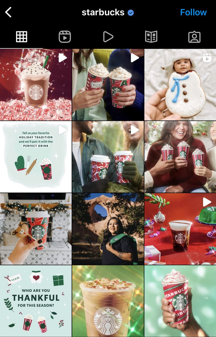 Starbucks'un Noel sezonunda ürün görüntüleri, müşteri fotoğrafları ve Noel sezonuna ilişkin bir meydan okuma içeren Instagram paylaşımı
