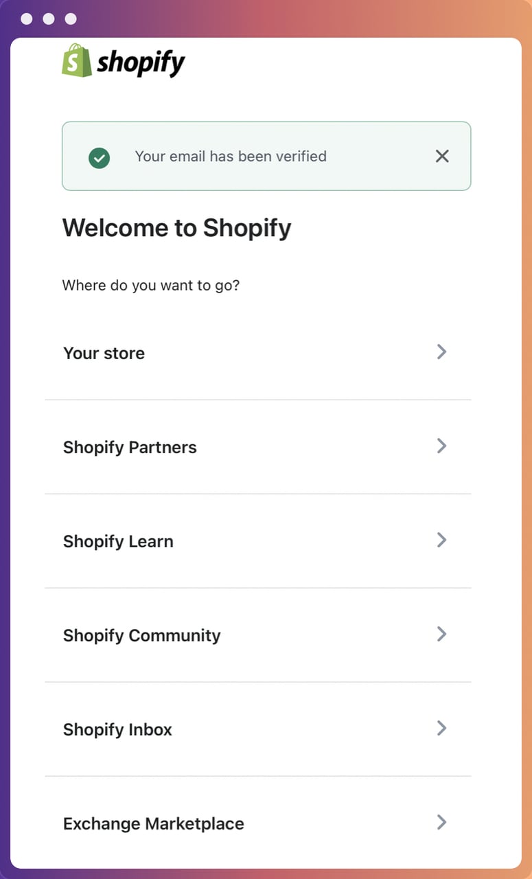 Mağaza, Shopify Ortakları, Shopify Learn, Shopify Topluluğu ve benzeri sekmelere yönlendiren Shopify'a Hoş Geldiniz Sayfası ekran görüntüsü