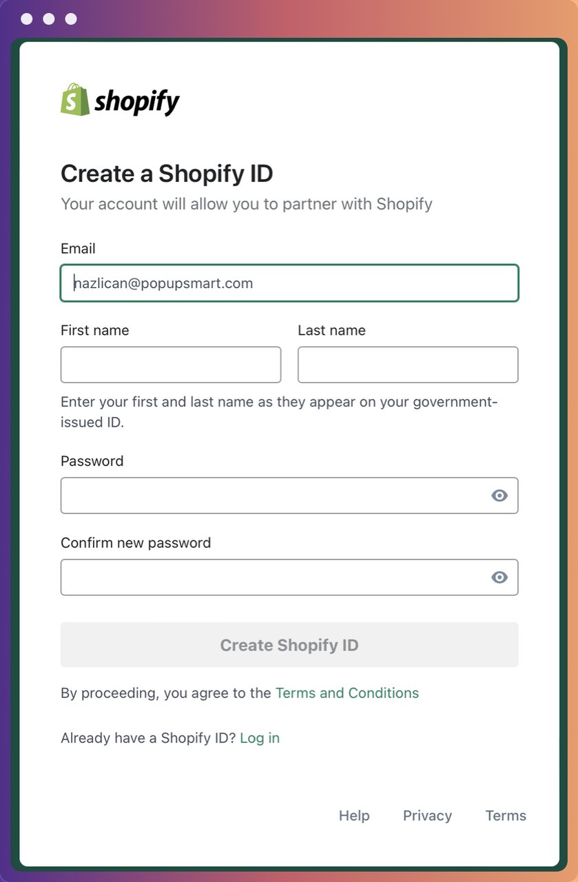 E-posta, ad, soyad ve şifre kutularını içeren Shopify ID Oluşturma Sayfası ekran görüntüsü