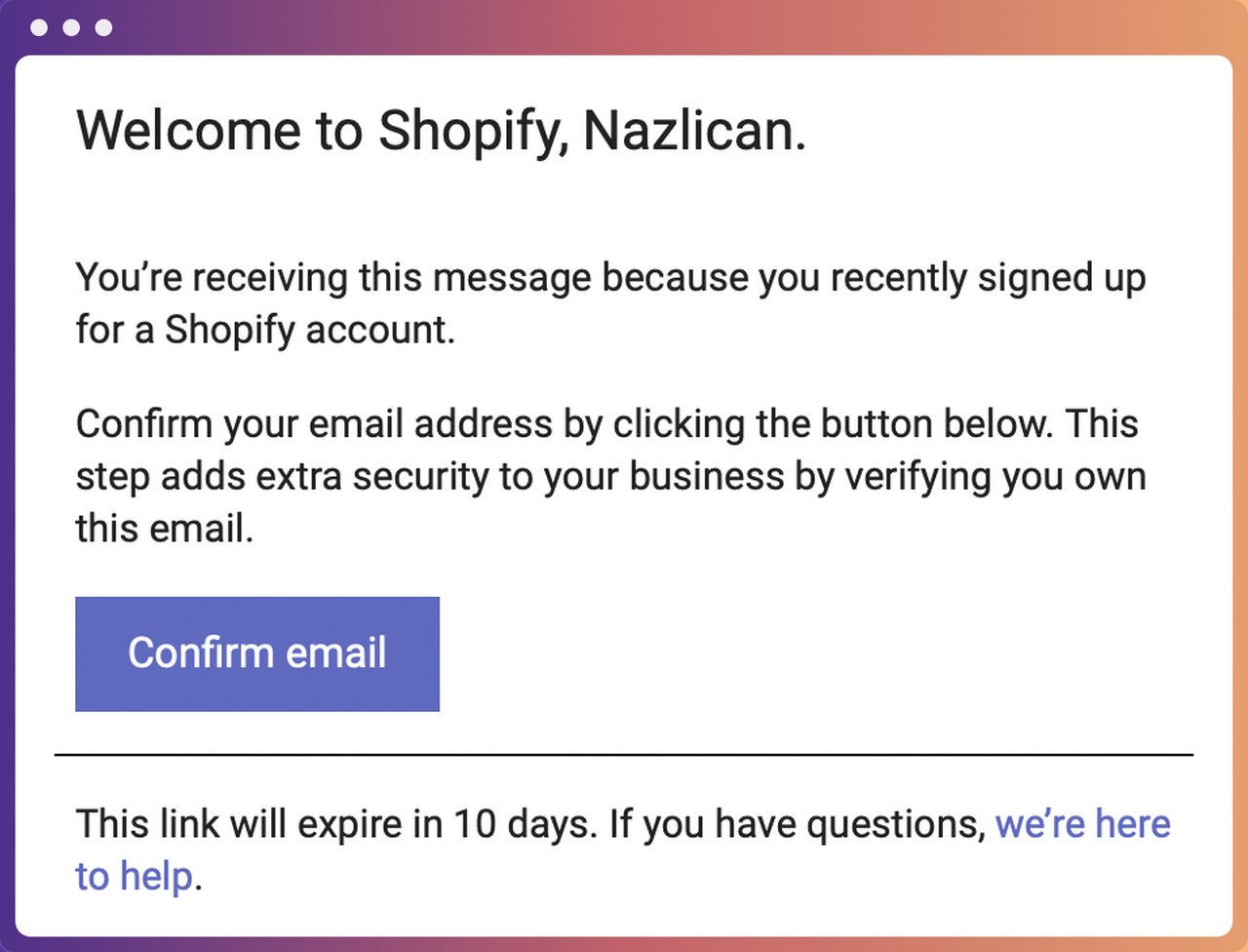 Shopify Ortakları Onay E-postası ekran görüntüsü, karşılama mesajı ve E-postayı Onayla düğmesi dahil