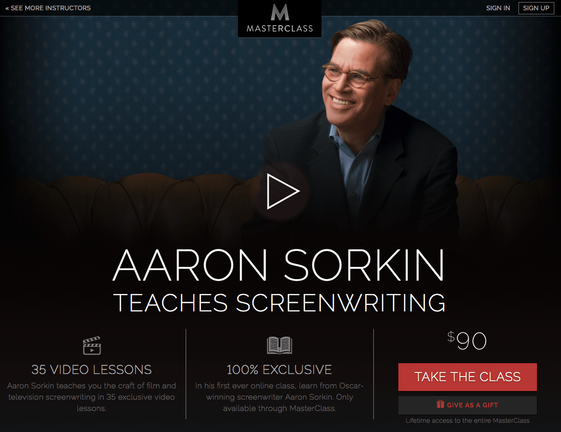 Masterclass landing page containing attractive video content (Aaron Sorkin)