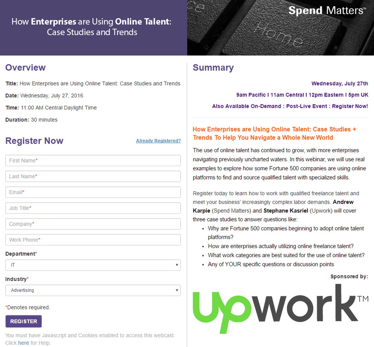 Upwork landing page example