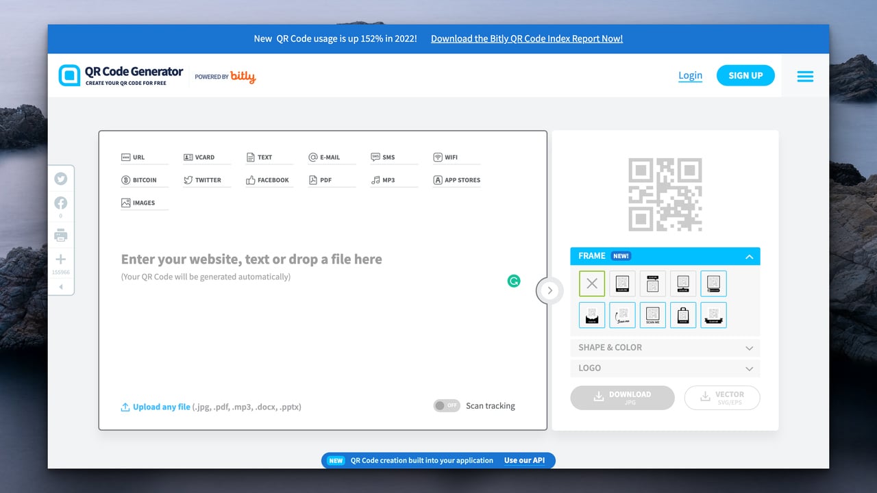 QR code generator pro's homepage with a background featuring qr code types on the left with an empty field to put files or URLs and on the right, there are customization options and a QR code preview