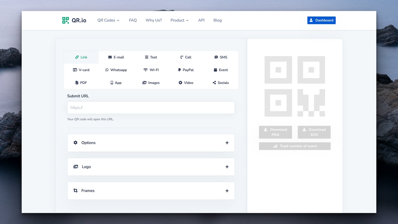 QR.io QR code generator's homepage with the QR code types on the left followed by a URL box and customization button and on the right, there is a QR code preview