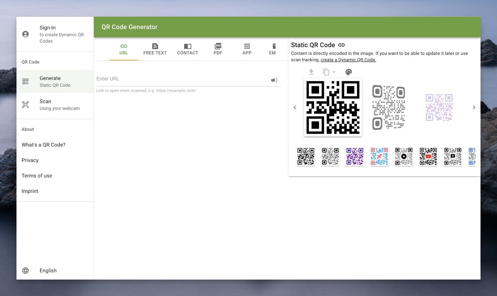 The homepage view of The QR Code Generator which is one of the best dynamic QR code generators
