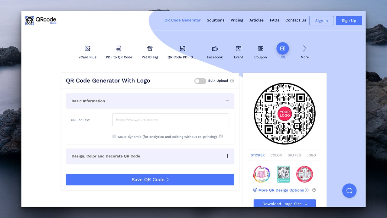 QRcodeChimp's homepage with the QR code types on top followed URL or text box on the left and on the right, there is a QR code preview with small QR code icons under it