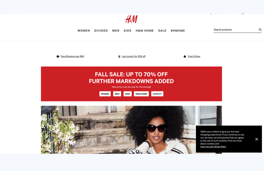 H&M tarafından sunulan çerez bildirimi popup örneği