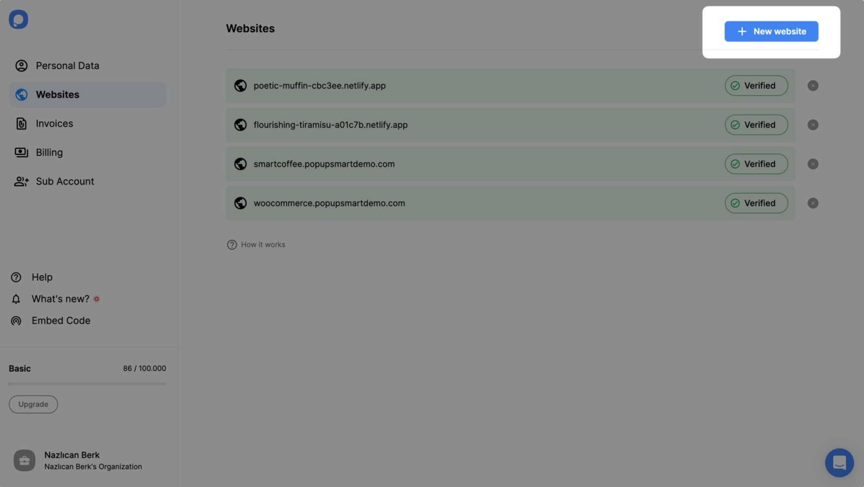Popupsmart's Websites interface showing "New website" button highlighted in the upper right corner