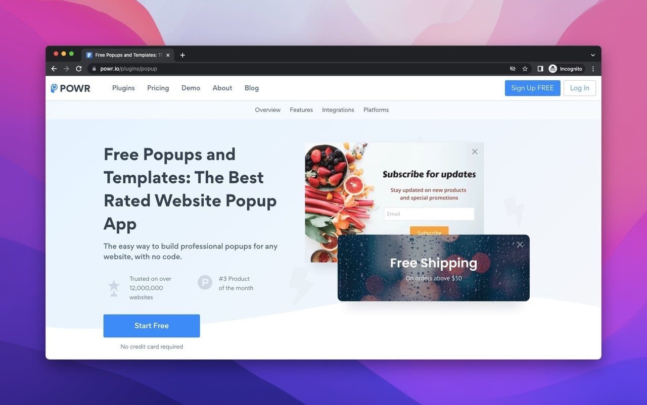 powr popup webpage on a blue white background and popup examples on the right side