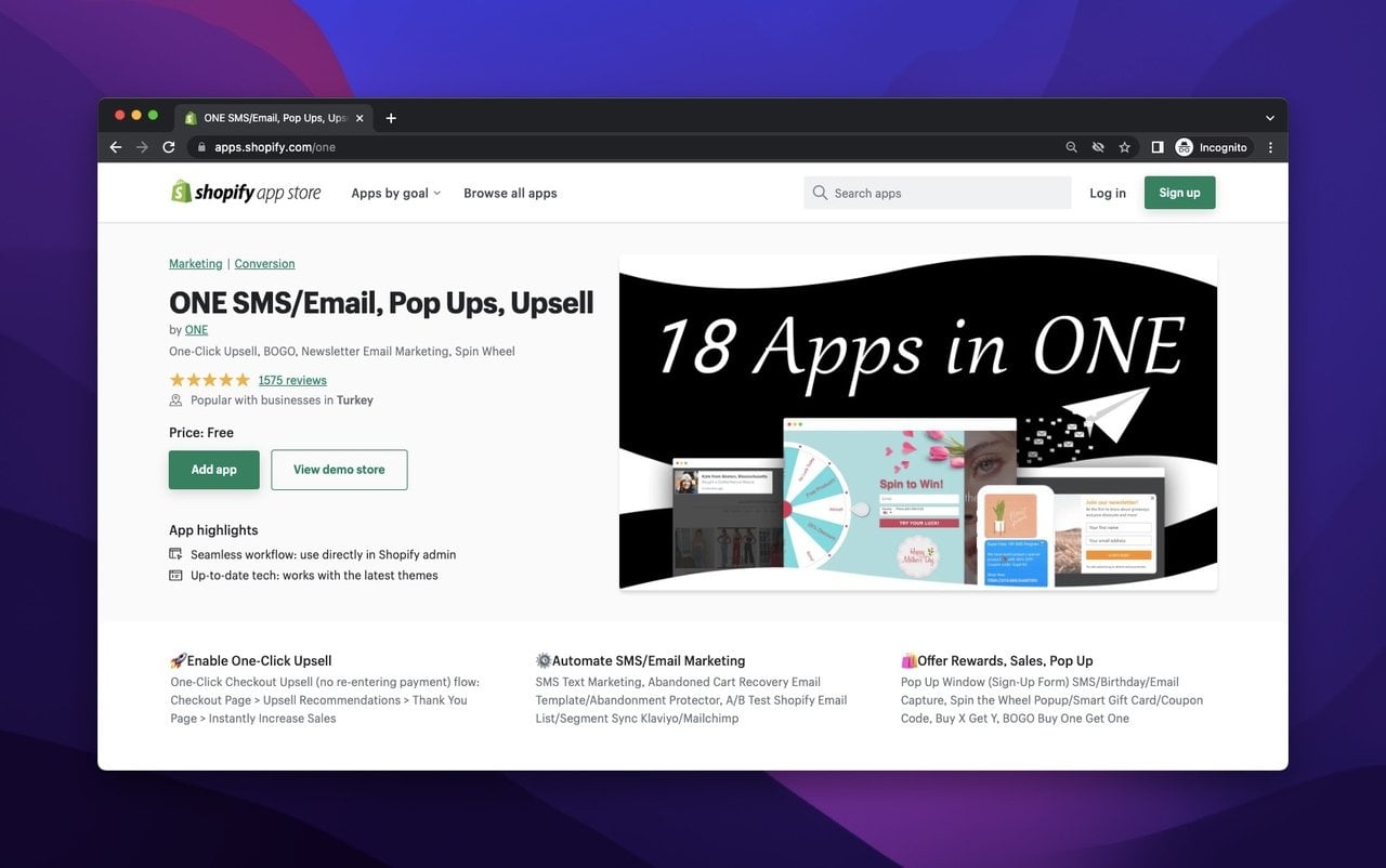 one sms popup webpage on a Shopif App Store webpage as the abovefold with an image on the right site featuring the 18 apps of One