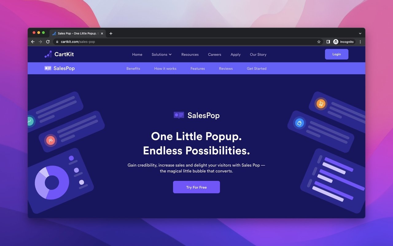 sales pop cartkit webpage on a purple background to encourage to use popup