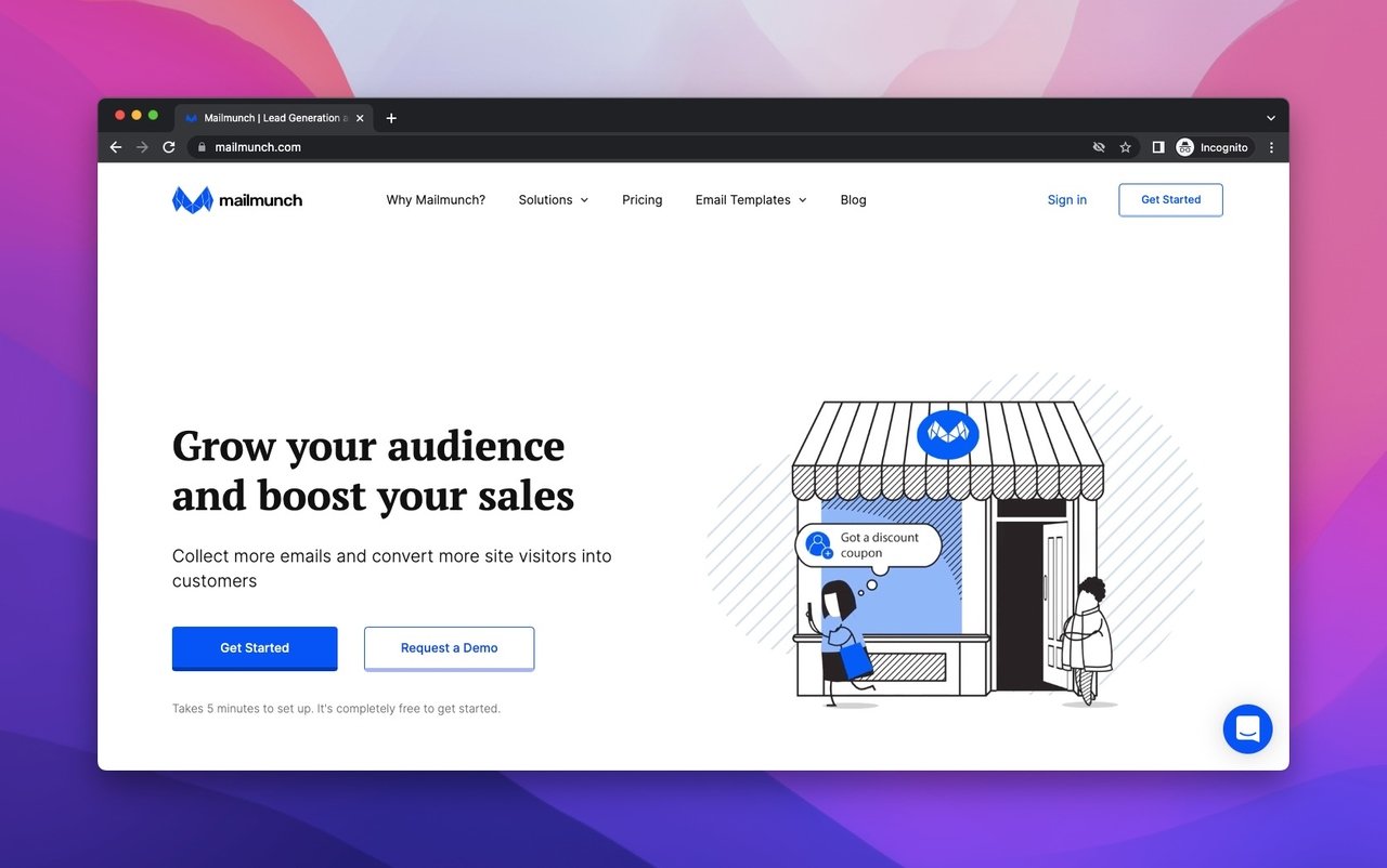 mailmunch webpage on a white background with blue writings and an interactive market flow with moving figures