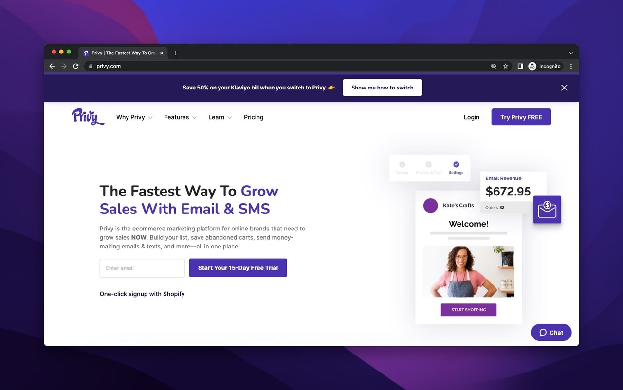 privy webpage on a white background with pruple writings that supports growing slaes and a popup with a woman on it
