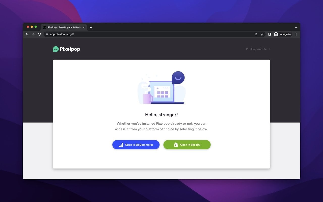 pixelpop webpage orbit on a white background that leads to BigCommerce and Shopify App Store to use Pixelpop with buttons