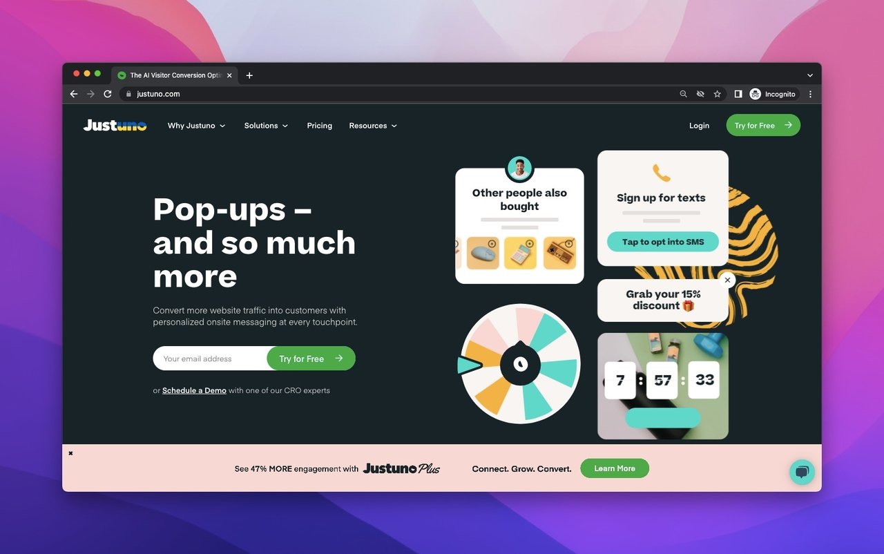 justuno popups webpage on a black background with an email bar and different popup examples