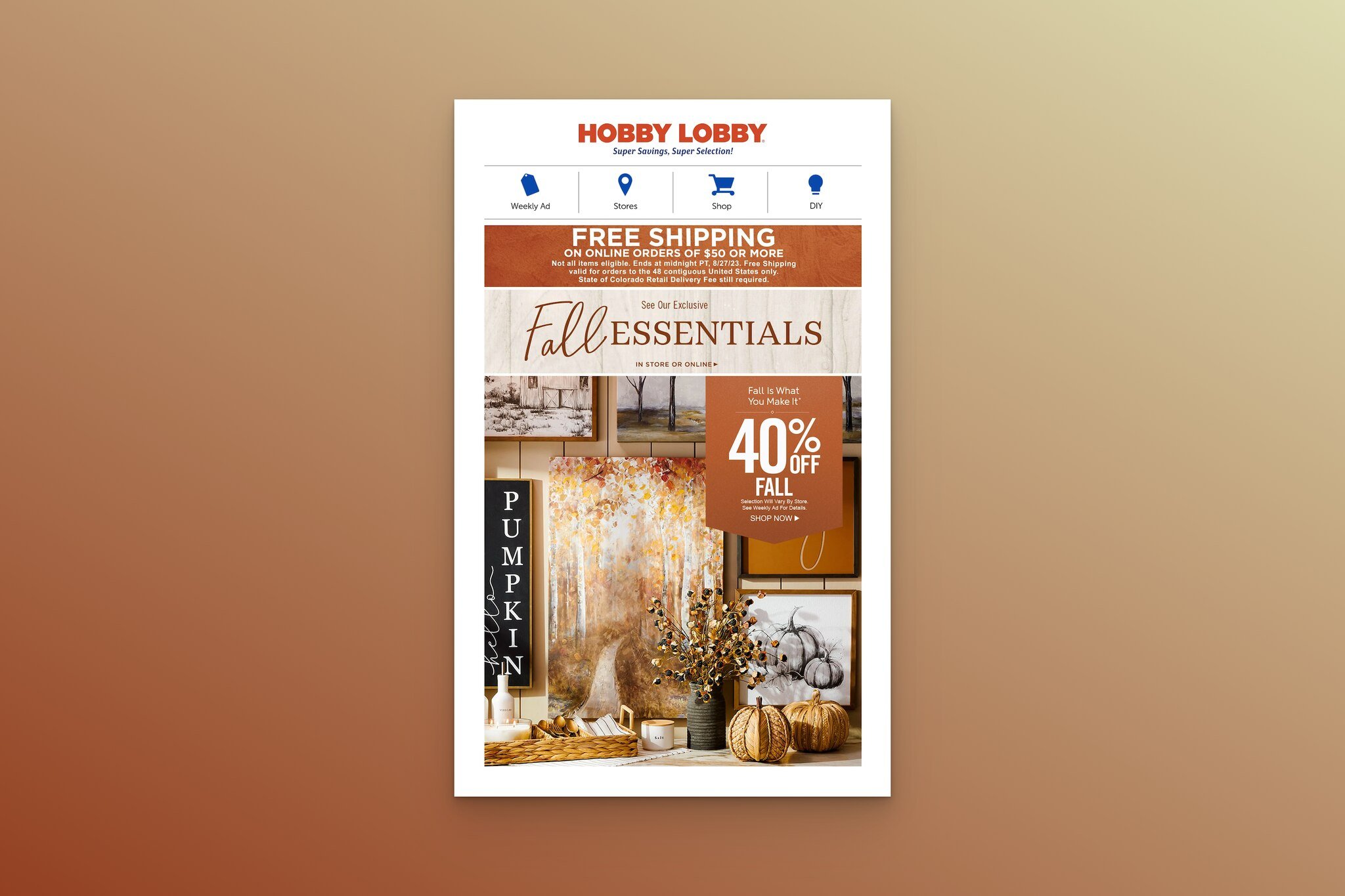 Hobby Lobby’nin sonbahar e-posta örneği