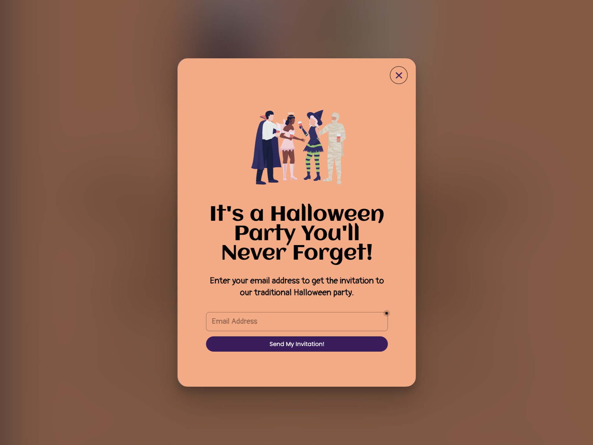 Farklı kostümler giymiş 4 kişinin illüstrasyonu olan pastel turuncu bir Cadılar Bayramı pop-up'ı, altında e-posta alanı ve bir buton
