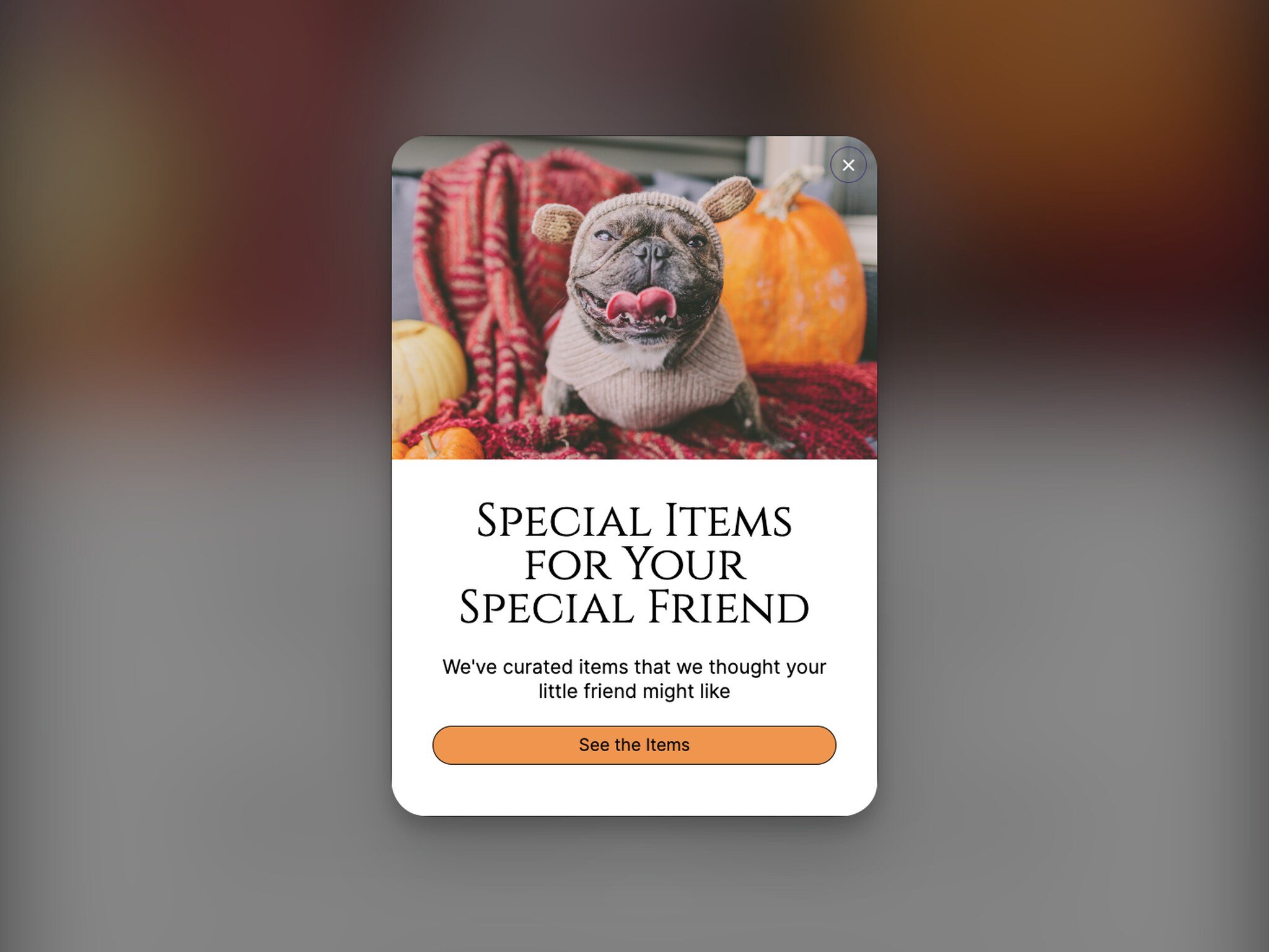 Halloween personalized recommendationn popup with the image of a dog wearing a costume and a text below followed by a button to see the products below
